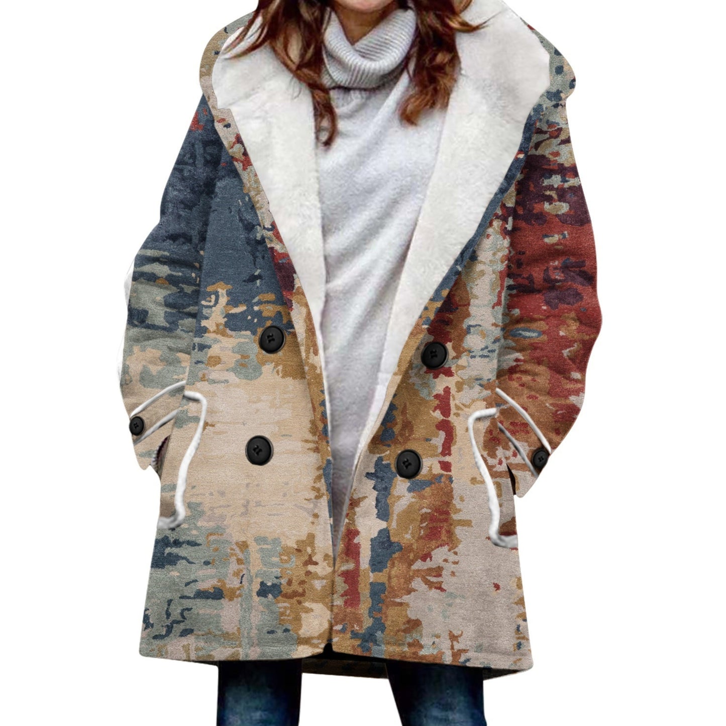 "Women's Winter Windbreaker – Thickened Imitation Lamb Stitching Floral Hooded Coat"