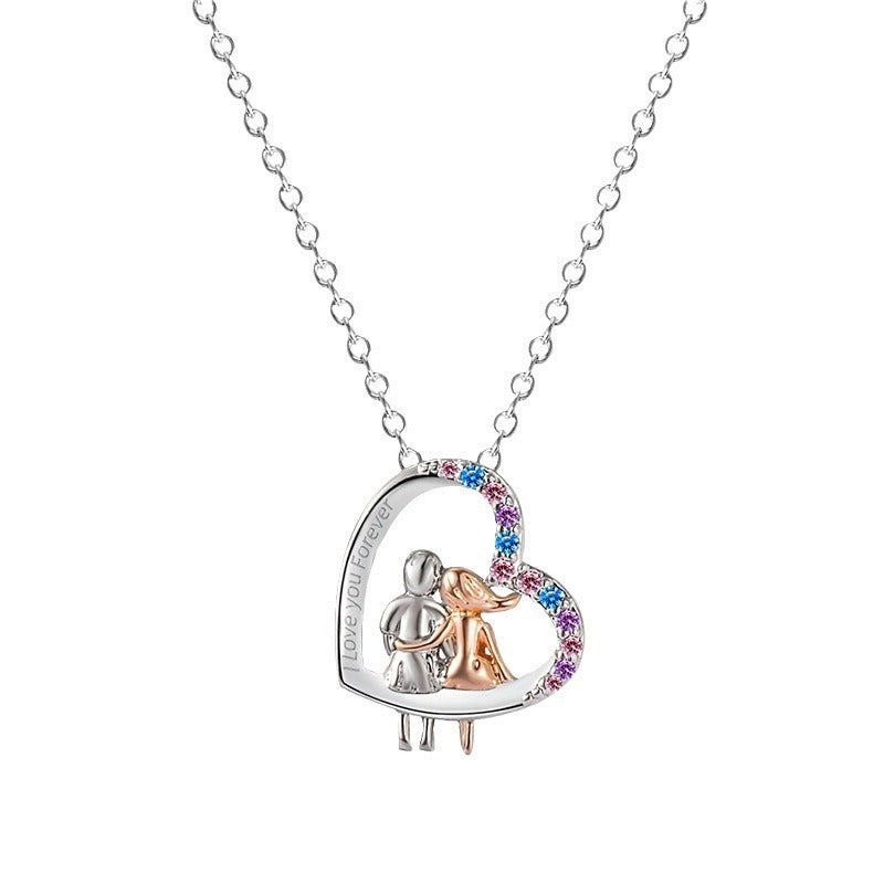 "Love Couple Necklace with Colorful Rhinestones – Creative Heart-Shaped Design for Valentine's Day Gift"