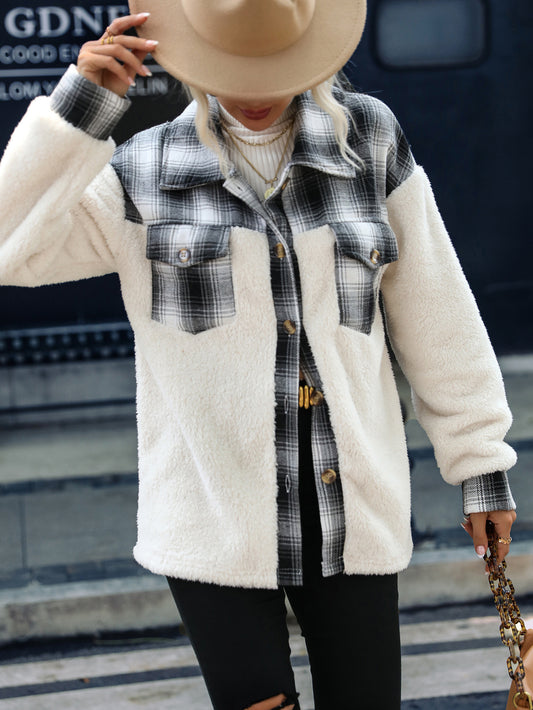 "Long Sleeve Plaid Lapel Plush Coat – Cozy and Stylish Outerwear for Women"