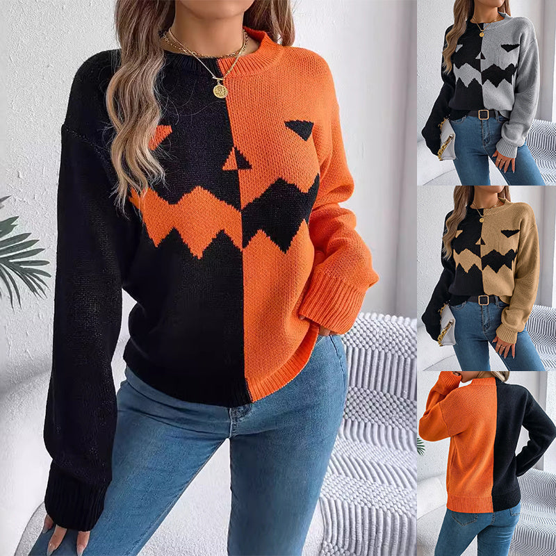 "Stylish and Cozy Halloween-Themed Contrast-Color Pullover Sweater – Long Sleeve Fashion Knitwear for Women’s Fall Collection"