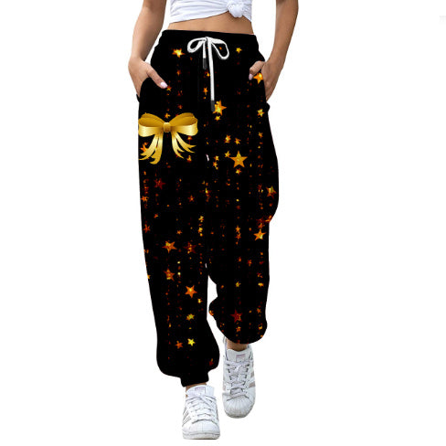 "European & American Christmas High-Waist 3D Printed Casual Drawstring Pants for Women"