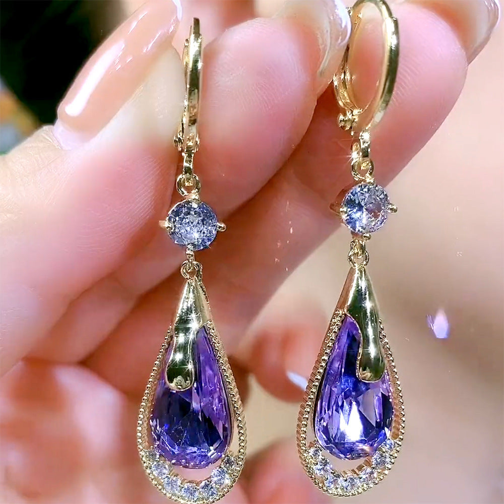 "High-Grade Purple Crystal Earrings – Elegant Drop-Shaped Design for a Luxurious Look"