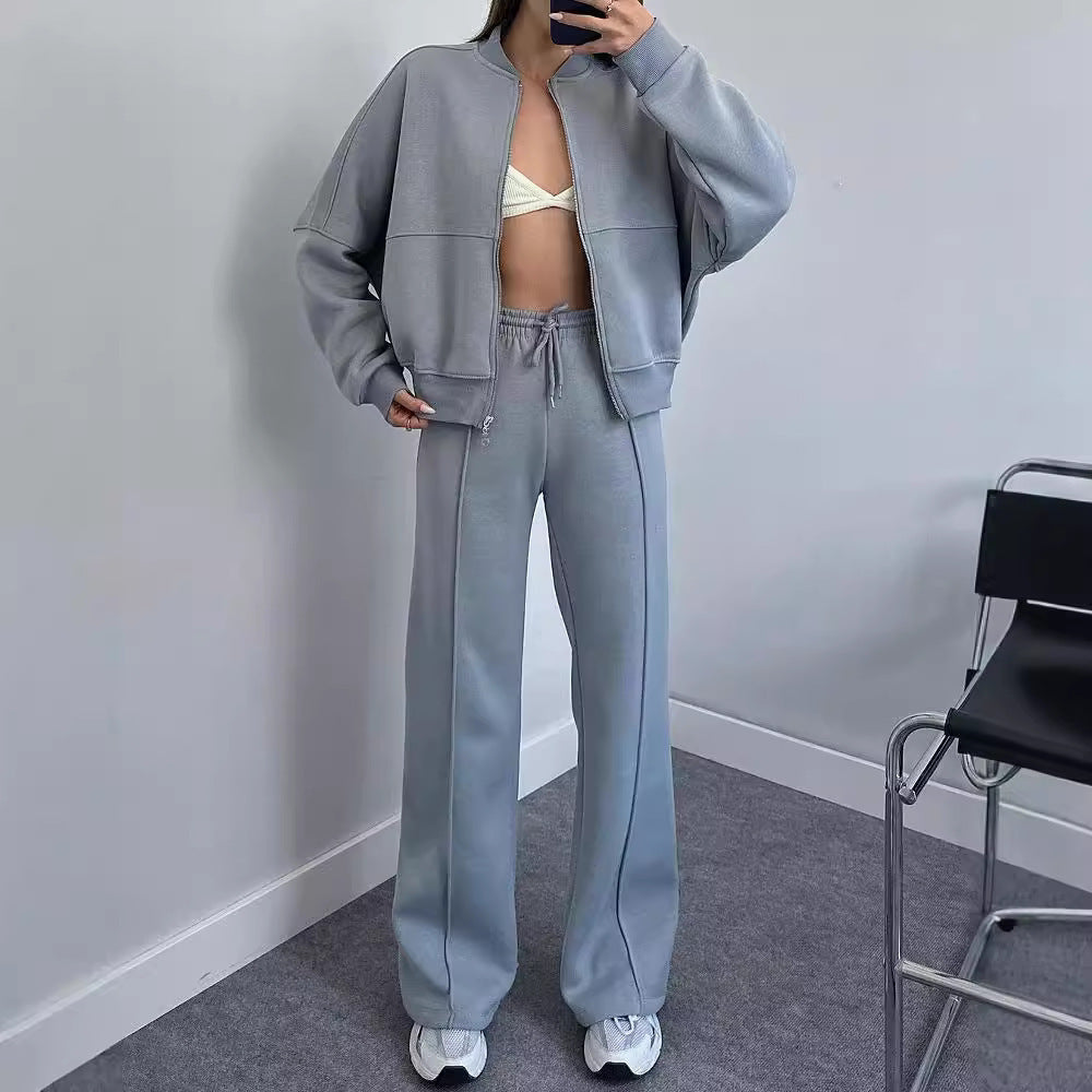 "Spring Fashion Solid Color Zipper Cardigan & Straight-Leg Pants Women's Suit"