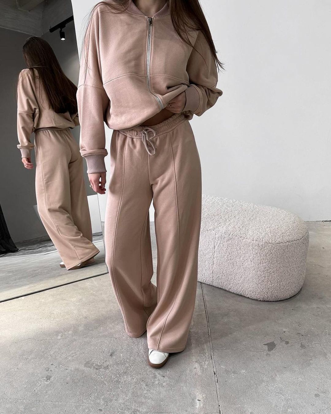 "Spring Fashion Solid Color Zipper Cardigan & Straight-Leg Pants Women's Suit"