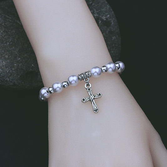 "Grace & Glory – Vintage Pearl Cross Bracelet"