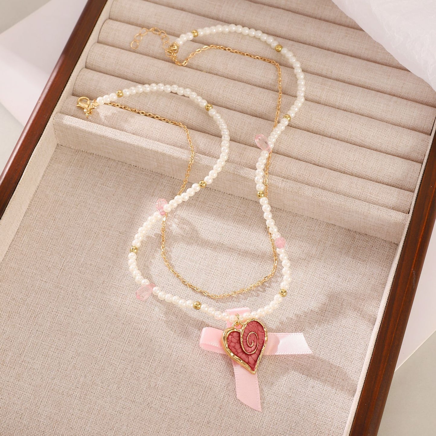 Love Heart Bow Tie Pearl Necklace Clavicle Chain