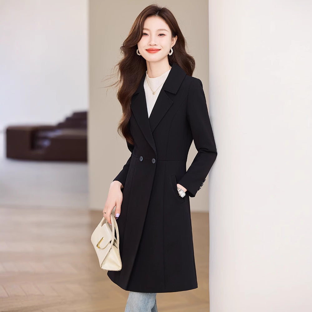 "Black Suit Trench Coat for Women – Sophisticated Autumn Outerwear"