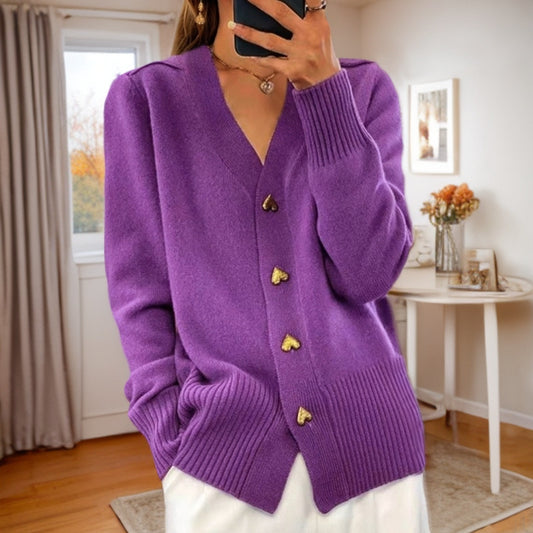 "Autumn & Winter Solid Color Long Sleeve V-Neck Knitted Cardigan"