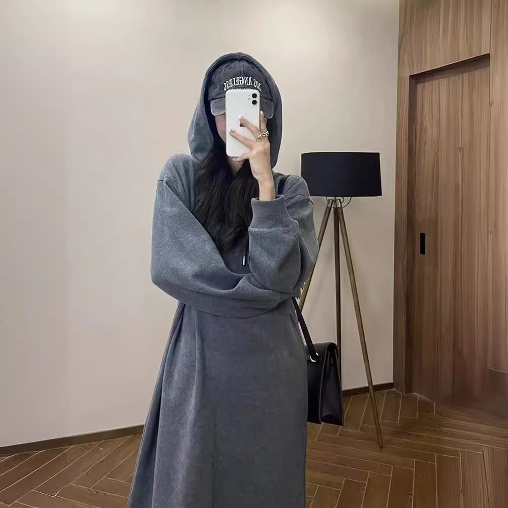 "Fashionable Loose Fit Cool Hooded Sweater Dress for Women – Casual and Trendy Style"