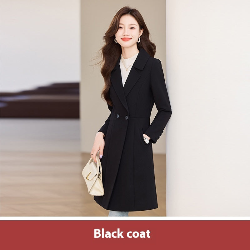 "Black Suit Trench Coat for Women – Sophisticated Autumn Outerwear"