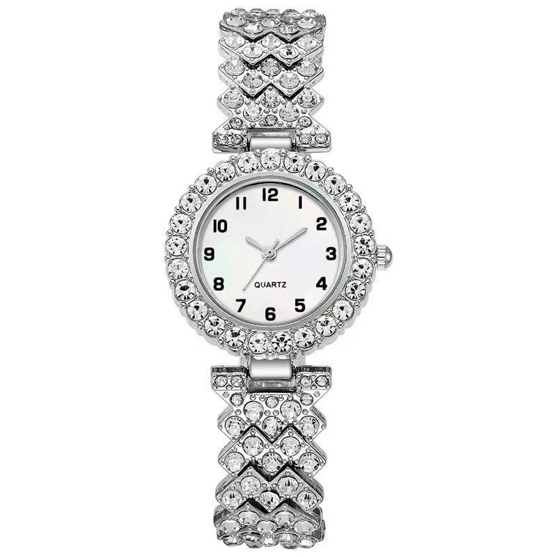 "Luxury 2-Piece Women’s Watch & Bracelet Set – Silver Strap Quartz Wristwatch with Alloy Bracelet"