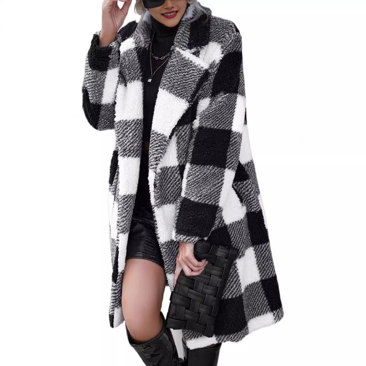 "Women's Lapel Long Sleeve Non-Buckle Plaid Long Coat"