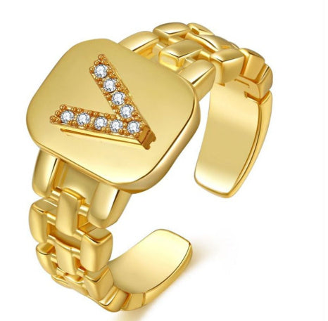 "Fashion Jewelry Letter Series Gold-Plated Zircon Strap Design Ring"