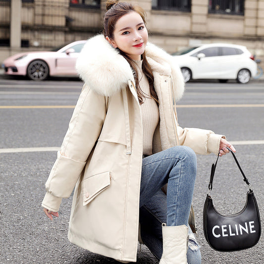 "New Fleece-Lined Mid-Length Coat – Big Fur Collar Thicken Cotton Outerwear for Ultimate Winter Warmth"