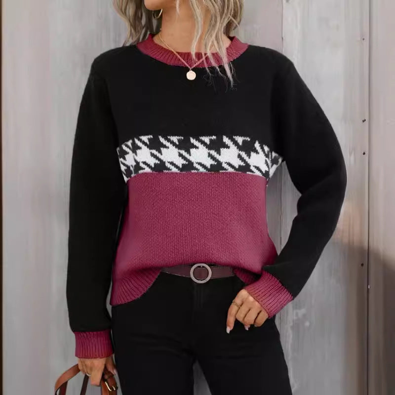 "Contrast Color Round Neck Pullover – Fashionable Geometric Pattern Knitted Sweater"