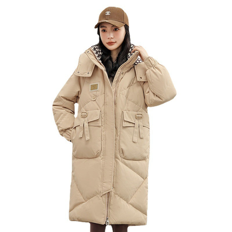 "Detachable Hat Cotton Coat – Over-the-Knee Padded Down Jacket for Winter"