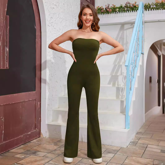 "Solid Color Strapless Tube Top Jumpsuit - Flared Fit One-Piece Trousers for Women"