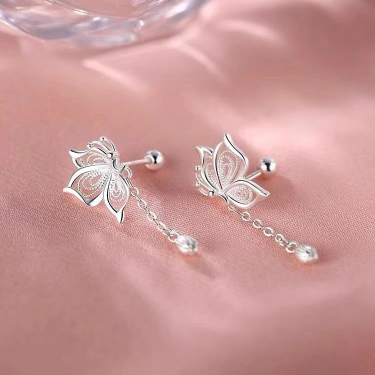 "Silver Pin Butterfly Tassel Earrings – Sweet & Elegant Studs for Women"