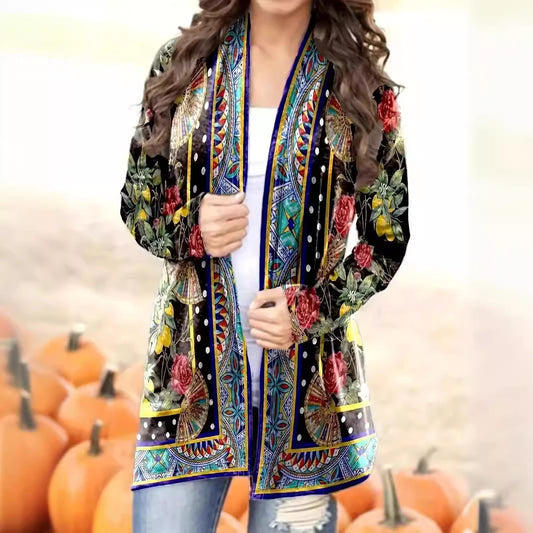 "Women's Loose Printed Ethnic Style Knitted Cardigan – Casual Boho-Inspired Jacket"