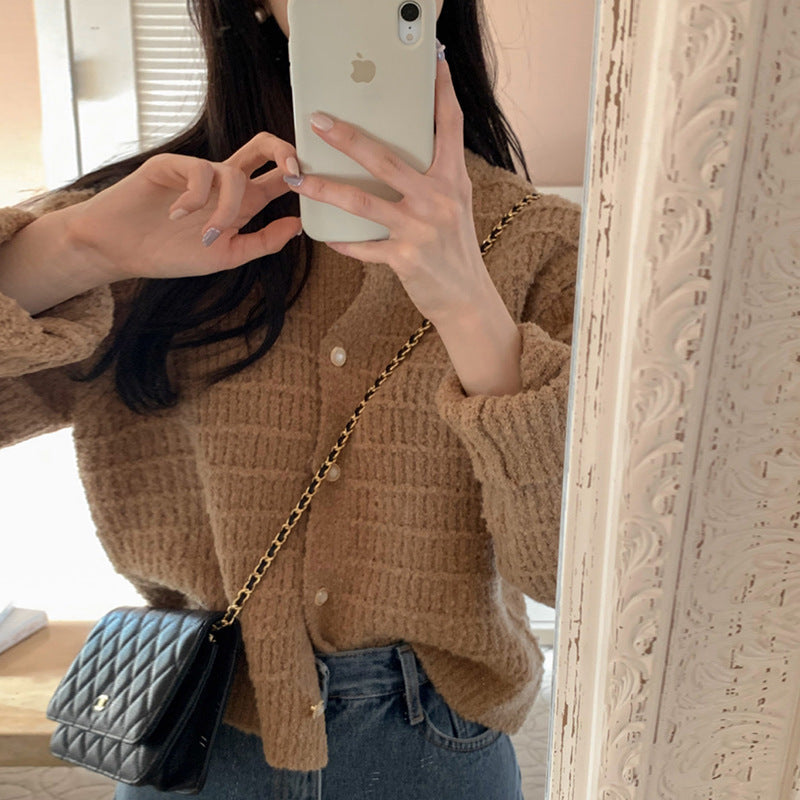 "Round Neck Textured Women Design Loose Long Sleeve Short Knitted Sweater"