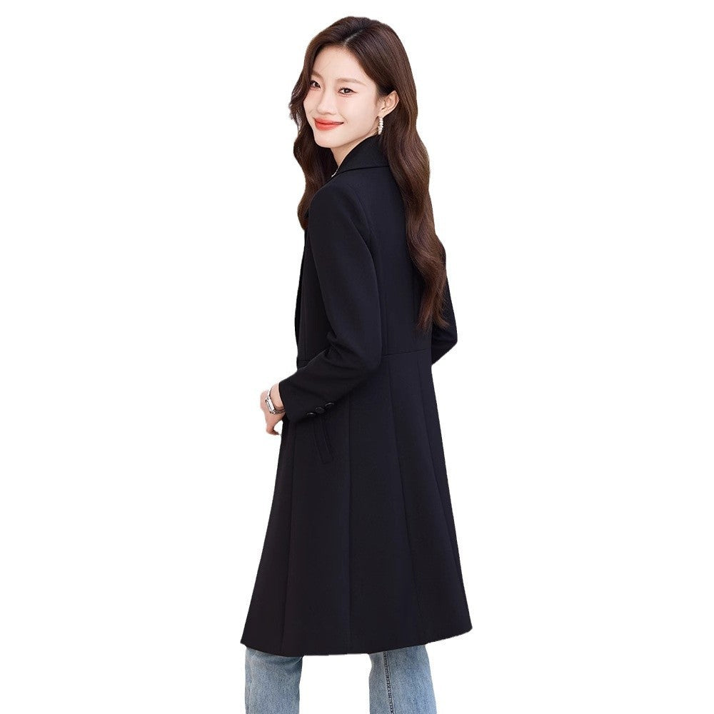 "Black Suit Trench Coat for Women – Sophisticated Autumn Outerwear"