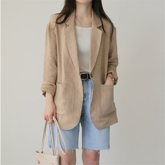 "Women's British-Style Casual Cotton and Linen Small Business Suit Coat – Effortlessly Elegant"