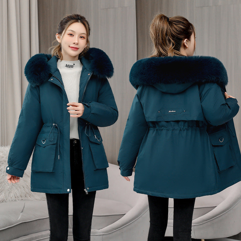 "Waist Slimming Elegant Parka Coat – Cotton-padded with Fur Collar and Velvet Lining"