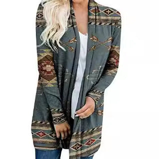 "Women's Loose Printed Ethnic Style Knitted Cardigan – Casual Boho-Inspired Jacket"