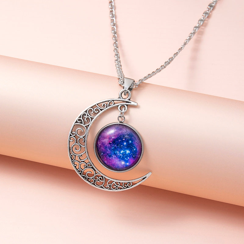 "Galaxy Planet Star Glass Necklace with Silver Hollow Moon Pendant – Cosmic Statement Jewelry for Women"