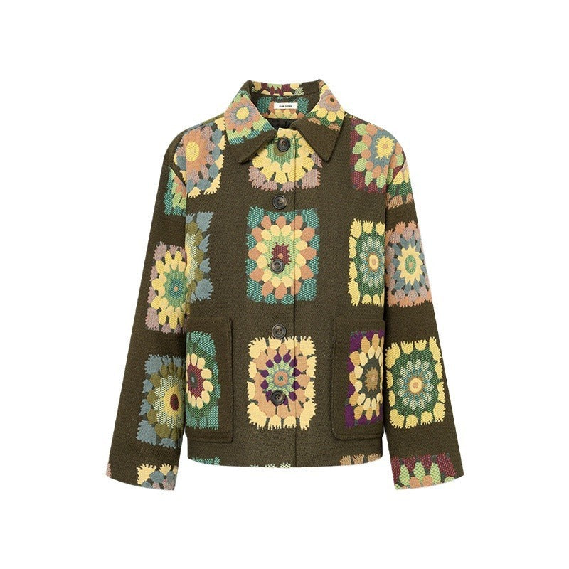 "Stylish Green Floral Lapel Long Sleeve Jacket Coat – Elegant Flower Print for Women"