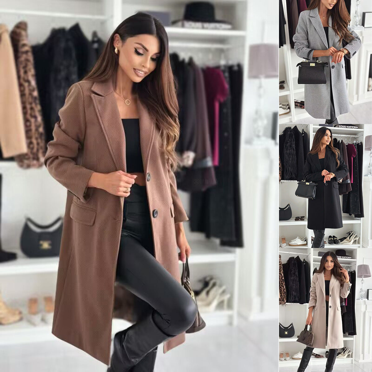 "Women's Lapel Single-Breasted Wool Coat – Winter Solid Color Long Jacket"