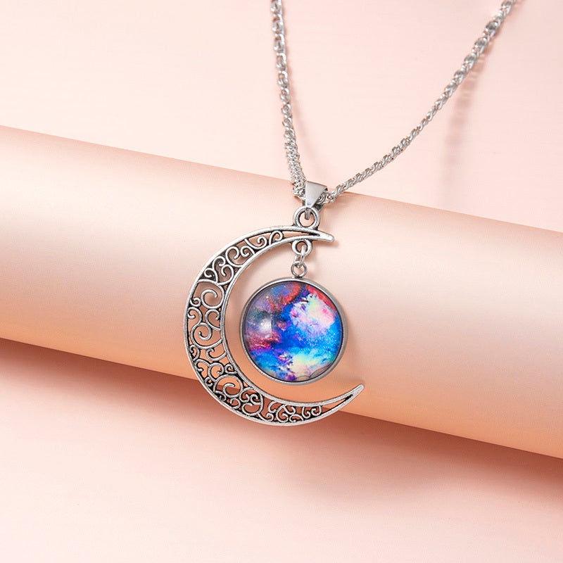 "Galaxy Planet Star Glass Necklace with Silver Hollow Moon Pendant – Cosmic Statement Jewelry for Women"