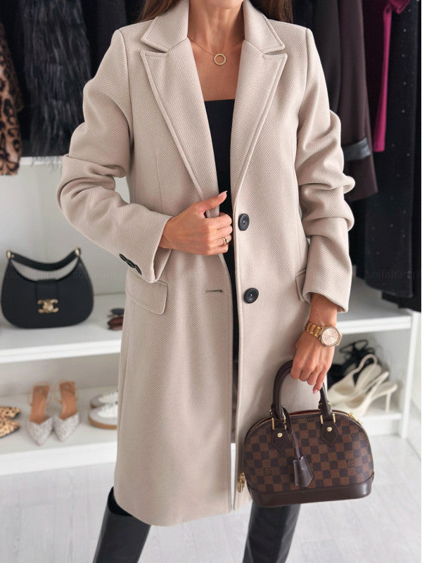 "Women's Lapel Single-Breasted Wool Coat – Winter Solid Color Long Jacket"