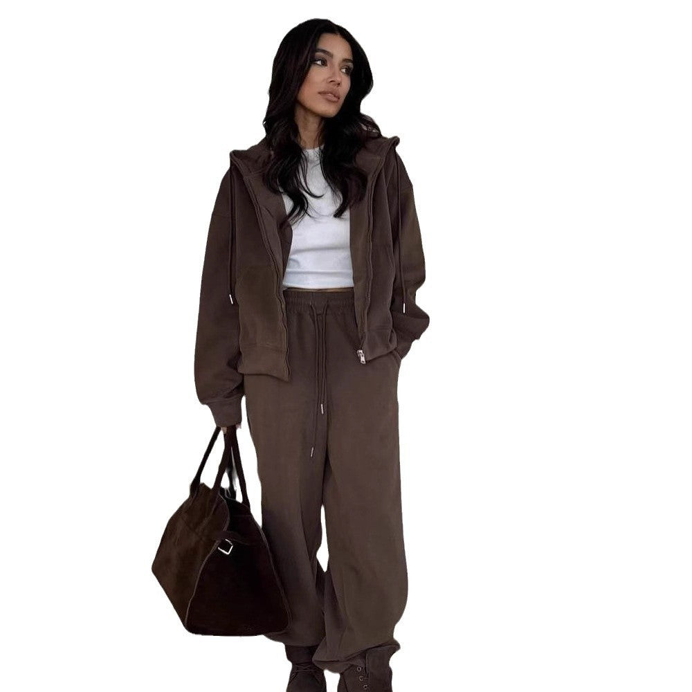 "Women's Zipper Solid Color Long-Sleeved Hooded Sweater & Straight Casual Pants Set"