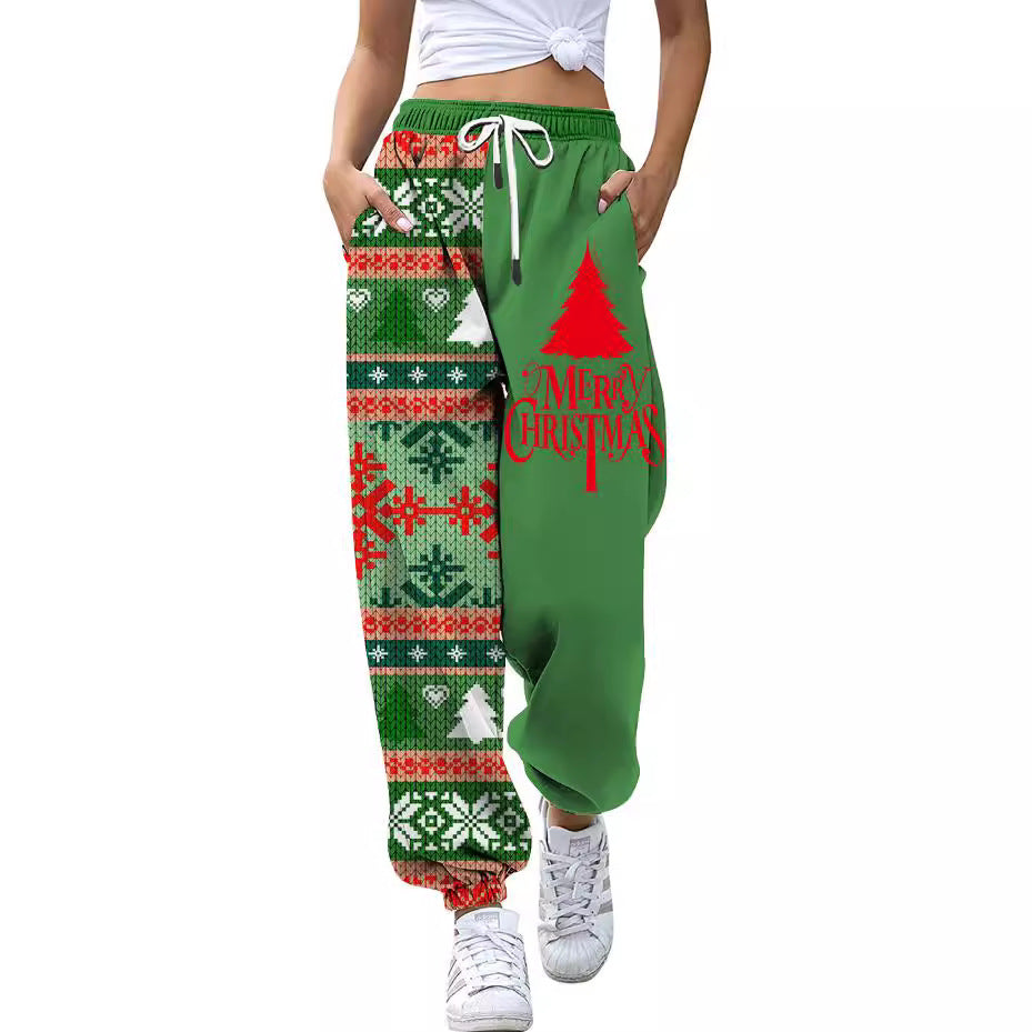 "European & American Christmas High-Waist 3D Printed Casual Drawstring Pants for Women"