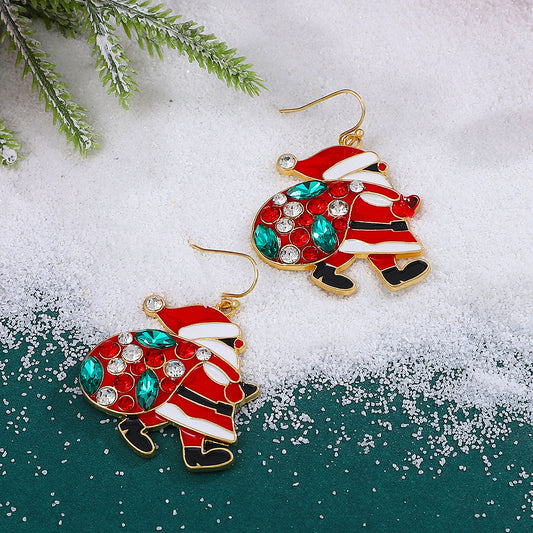 "Personalized Cute Santa Claus Earrings with Colorful Rhinestones – Fashionable Christmas Jewelry for Women"