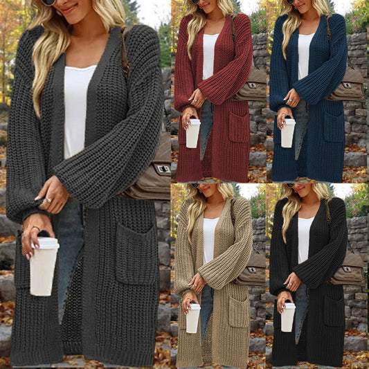 "European & American Lantern Sleeve Cardigan – Loose Fit Mid-Length Sweater with Pockets for Autumn & Winter"