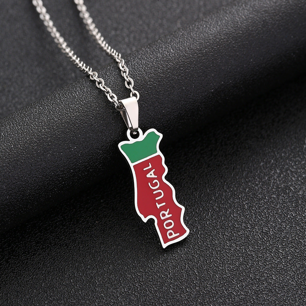 "Portugal Map Flag Stainless Steel Pendant Necklace – Stylish Jewelry for Proud Portuguese"