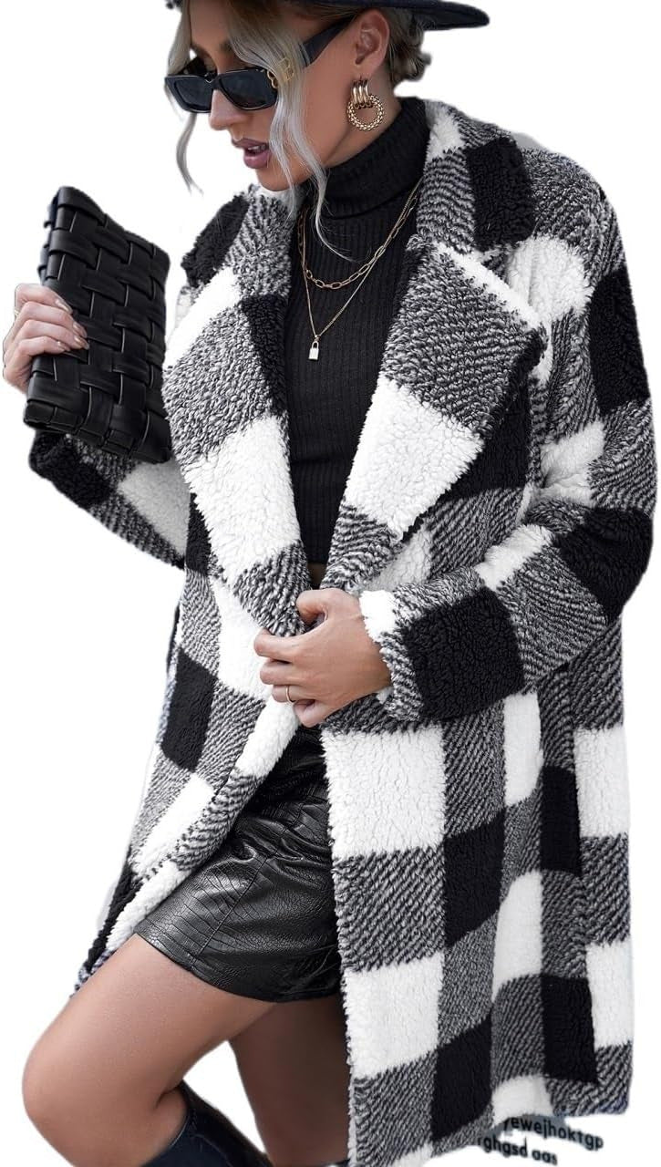 "Women's Lapel Long Sleeve Non-Buckle Plaid Long Coat"