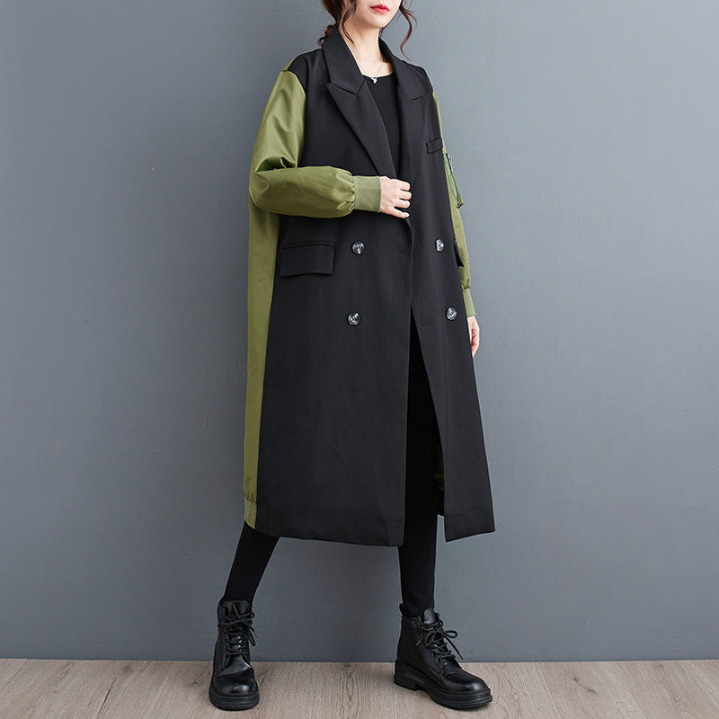 "Temperament Leisure Color Matching Double-layer Suit Collar Cardigan Trench Coat"