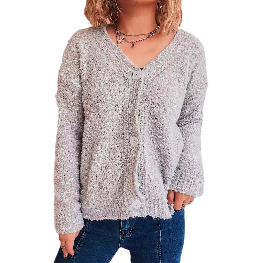 "Solid Color V-Neck Single-Breasted Seersucker Knitted Cardigan Coat for Women"