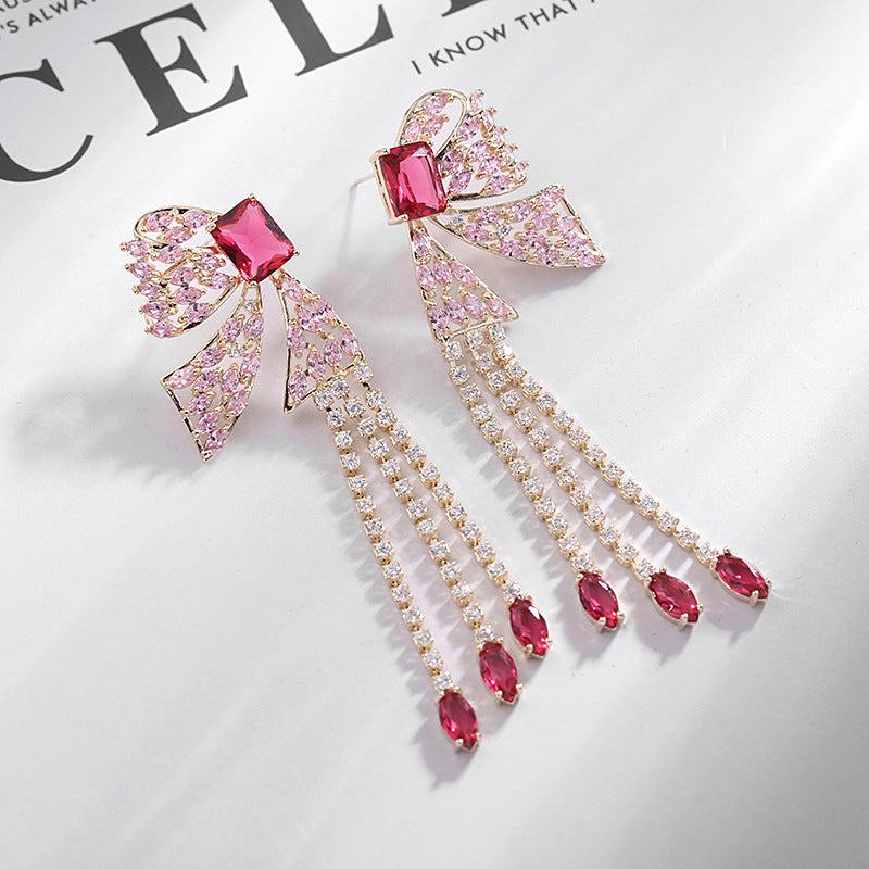 French Heavy Industry Color Tassel Long Zircon Earrings