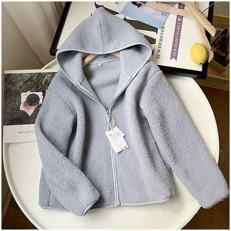 "Autumn & Winter Faux Cashmere Polar Fleece Hooded Jacket – Cozy Long Sleeve Zippered Outerwear"