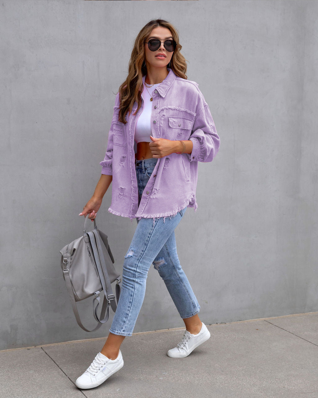 "Fashion Ripped Shirt Jacket – Casual Women's Top for Autumn and Spring"