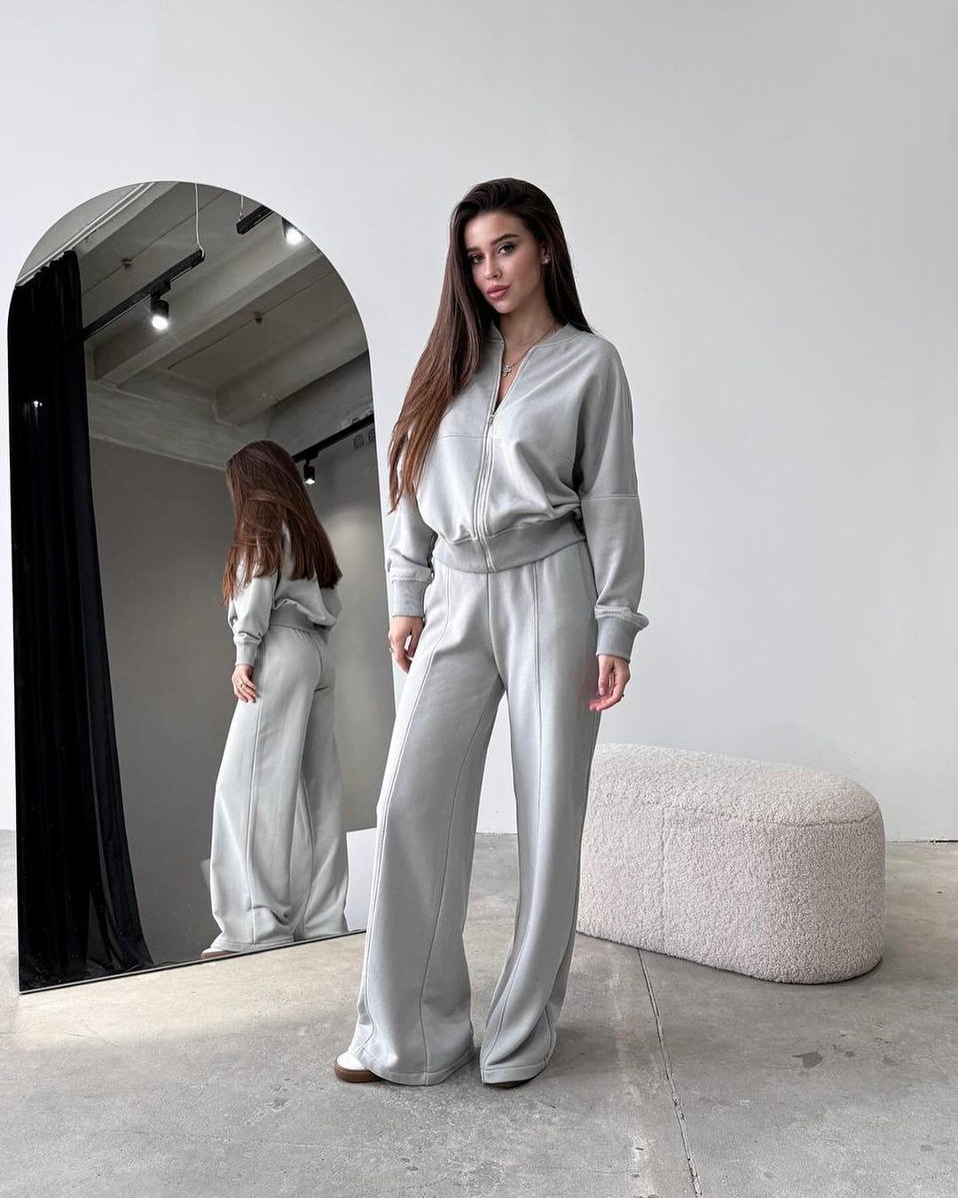 "Spring Fashion Solid Color Zipper Cardigan & Straight-Leg Pants Women's Suit"