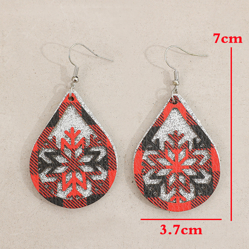 "Double-Layer Silver Red Black Plaid Hollow Snowflake Leather Earrings – Festive & Fashionable Statement Jewelry"