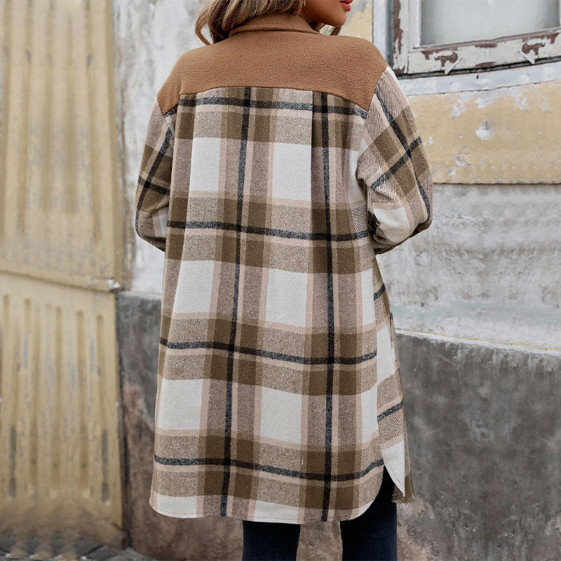 "New Brushed Plaid Long Coat with Pockets – Fashionable Winter Jacket for Women"