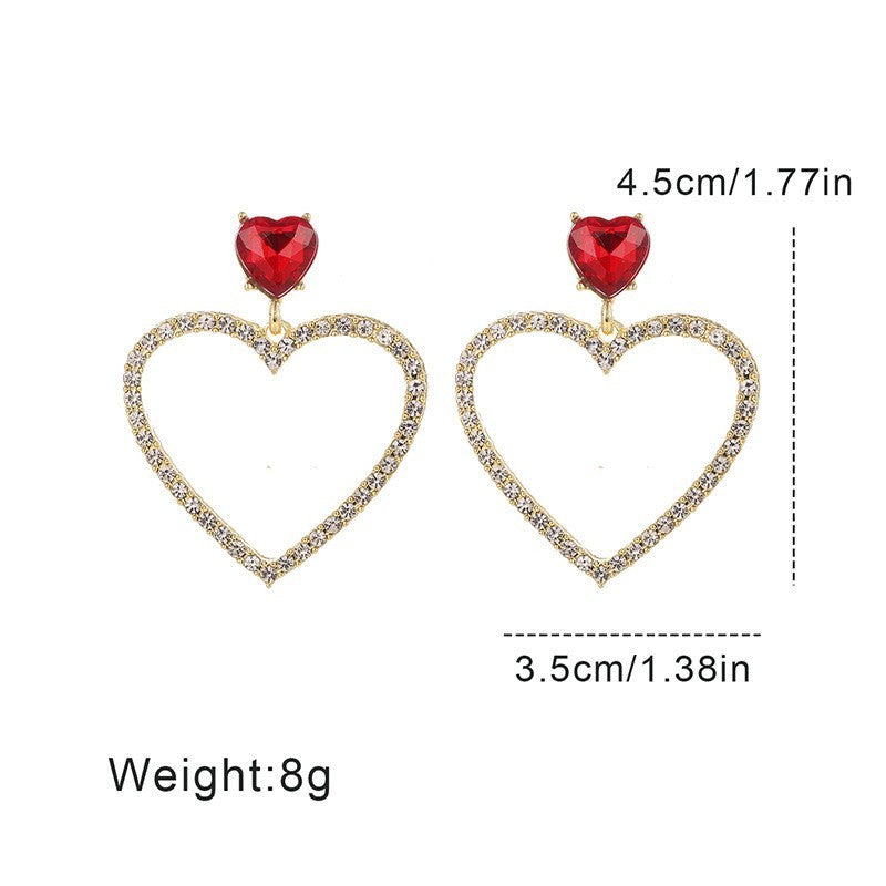 Double Heart Ruby Full Diamond Micro Inlaid Hollow Earrings With Peach Heart And Gentle Temperament