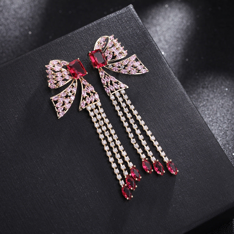 French Heavy Industry Color Tassel Long Zircon Earrings