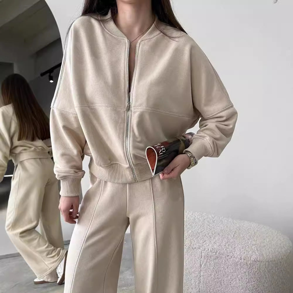 "Spring Fashion Solid Color Zipper Cardigan & Straight-Leg Pants Women's Suit"